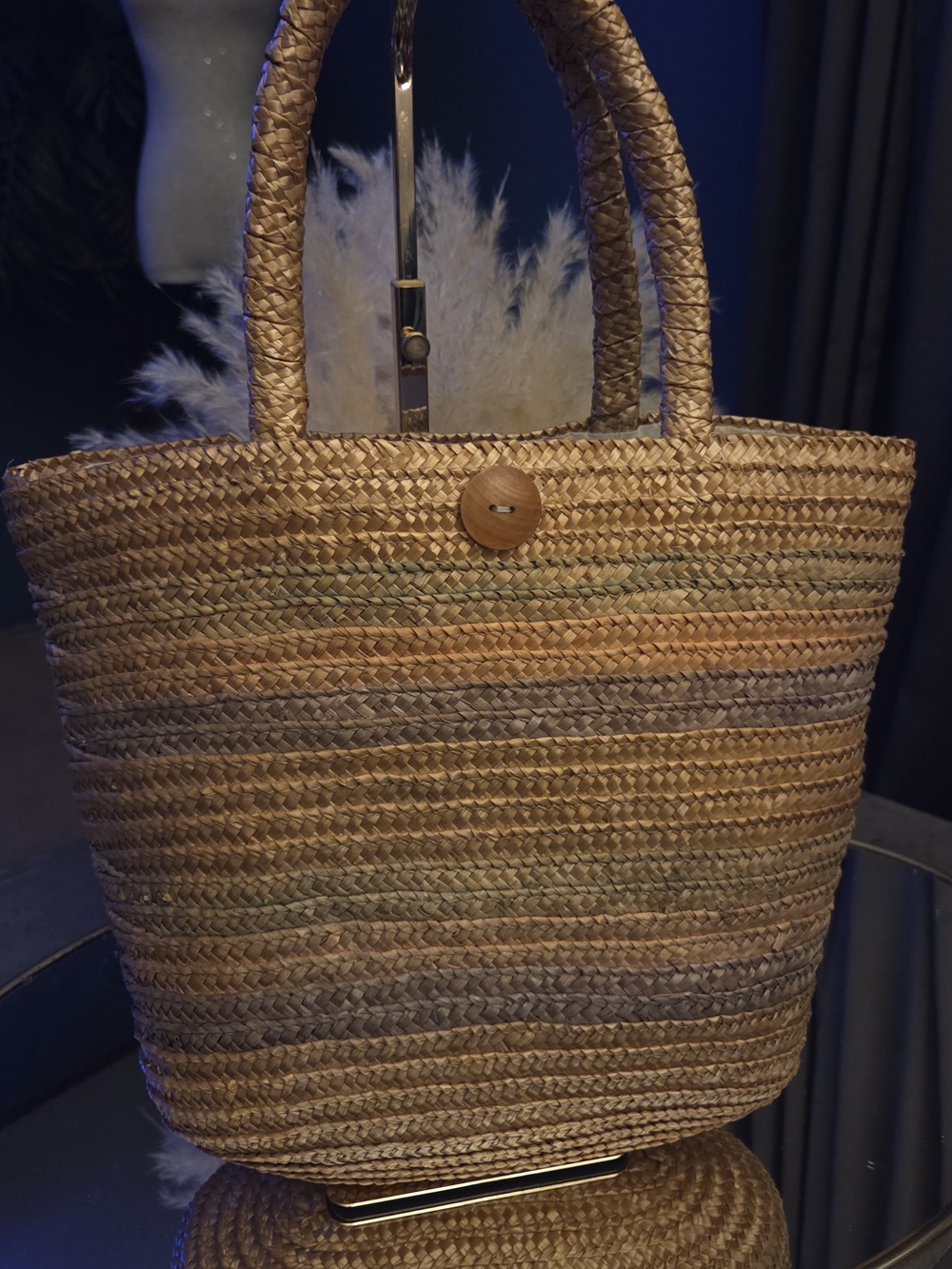 Handwoven Seagrass Straw Tote Bag Wood Button Coastal Cottagecore Beach